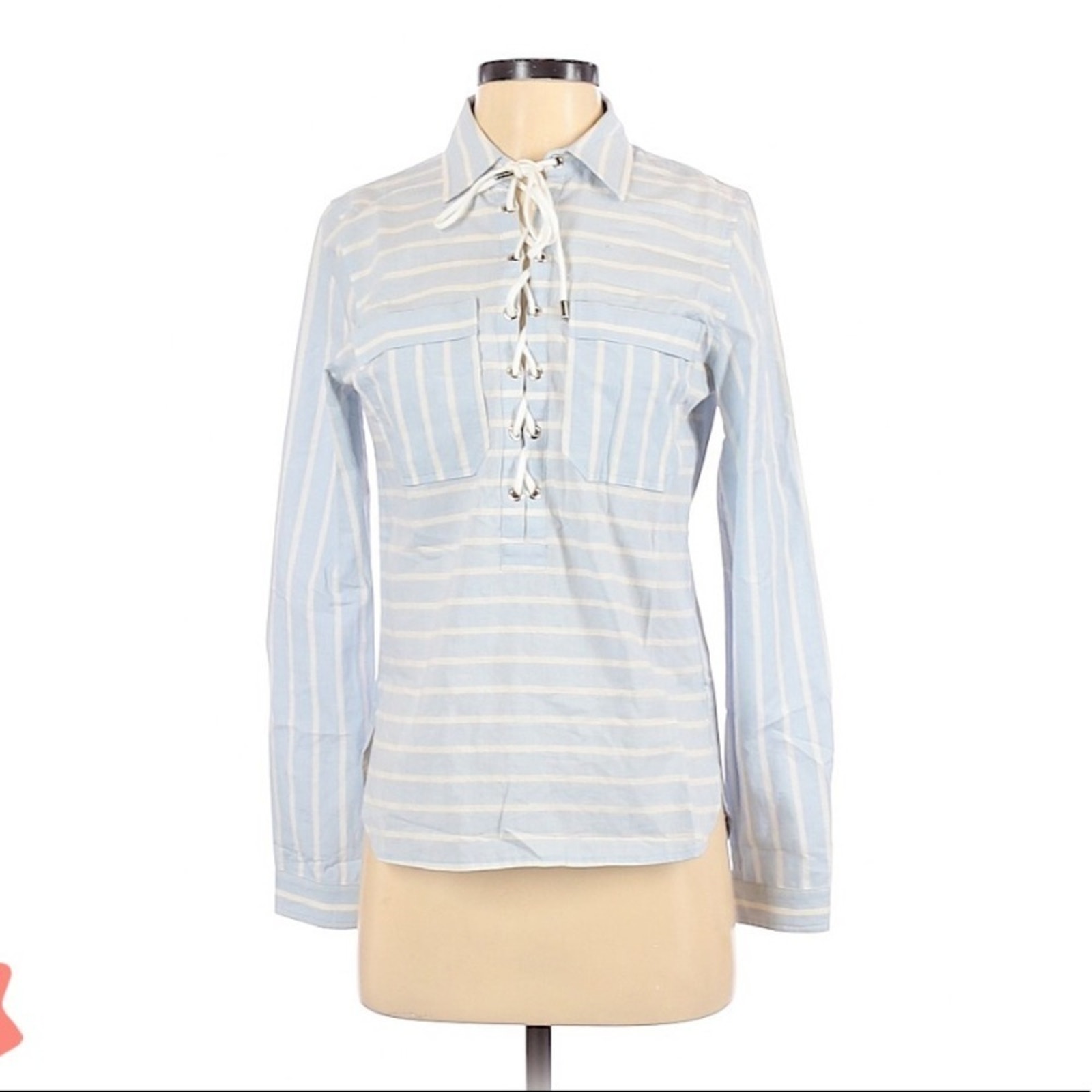 Saylor Blue White Striped Long Sleeve Blouse Womens Xs Lace Up Coastal Nautical